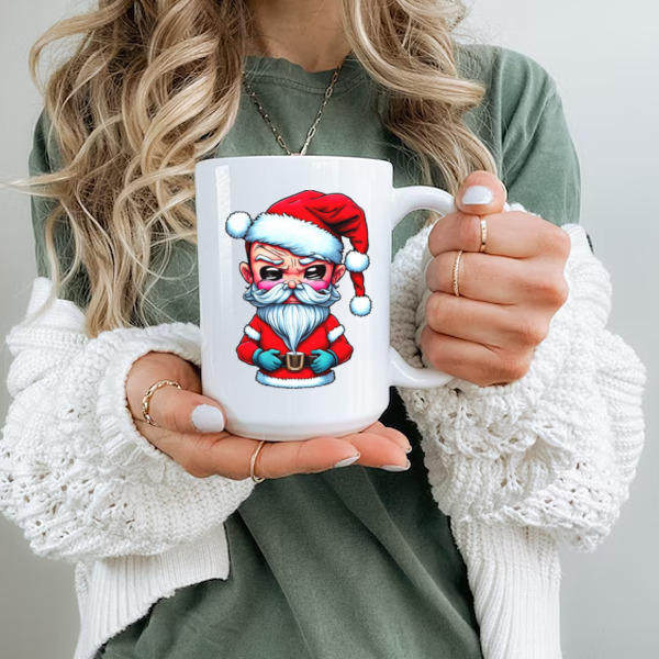 Angry Santa Claus Cartoon Character Holding a Cup Ceramic Mug