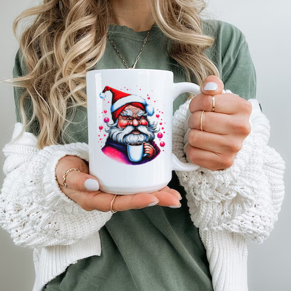 Black and White Drawing of Santa Claus with Coffee Cup and Festive Atmosphere Ceramic Mug