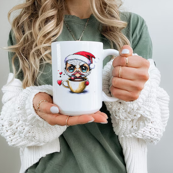 Cartoon Character in Santa Claus Hat Drinking Iced Coffee Ceramic Mug