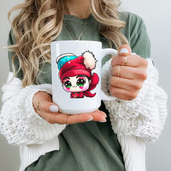 Cartoon Character with Red Hat and Green Eyes in front of Christmas Tree Ceramic Mug