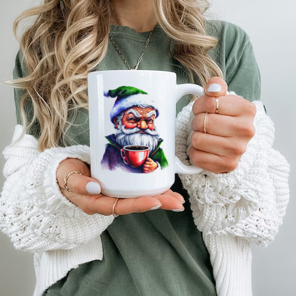 Cartoon Santa Claus holding a cup of coffee Ceramic Mug