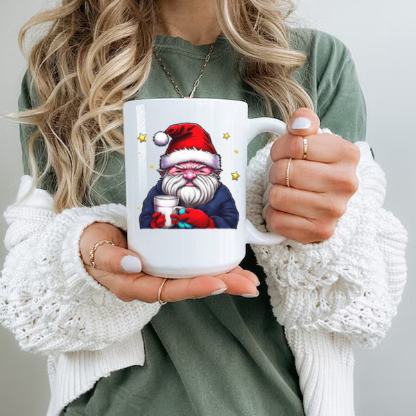 Cartoon Santa Claus with Coffee Cup and Stars Ceramic Mug