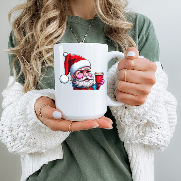 Cartoon Santa Claus with Iced Coffee Cup Ceramic Mug