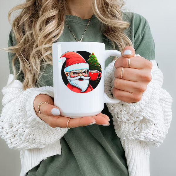 Cartoon Santa Claus with Iced Coffee and Christmas Trees Ceramic Mug