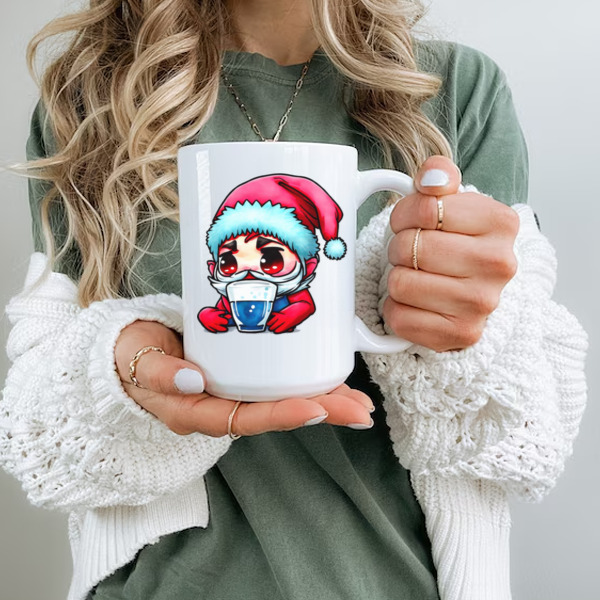 Cartoon Santa with Red Hat and Blue Beard Drinking from Empty Glass Ceramic Mug