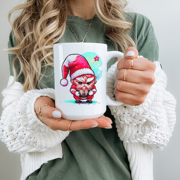 Cartoon character wearing Santa Claus and drinking coffee Ceramic Mug