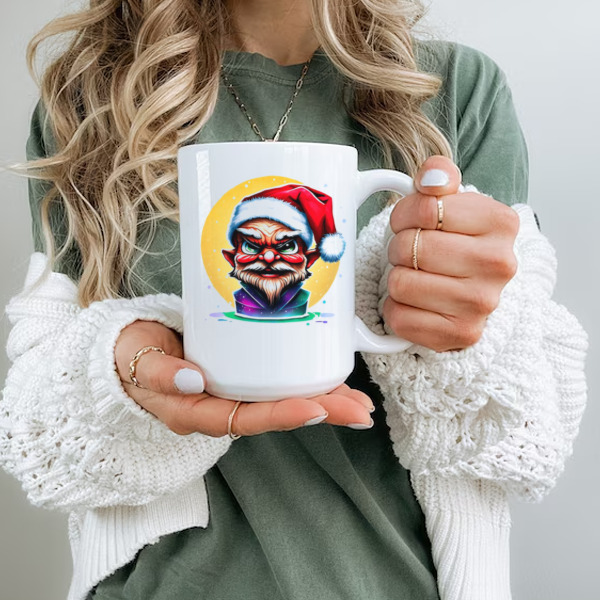 Humorous Elf Wearing Santa Hat and Green Beard Ceramic Mug