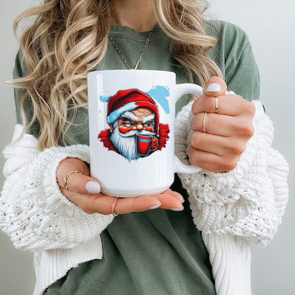 Illustration of Santa Claus Holding a Red Cup Ceramic Mug