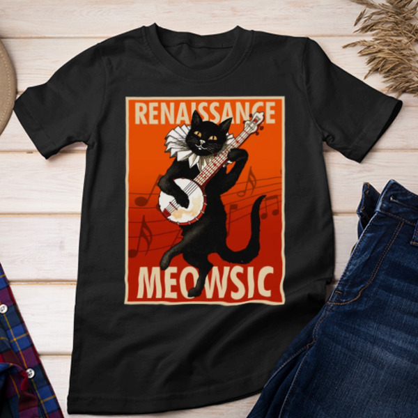 Renaissance Meowsic Cute Vintage Musician Cat T-Shirt Styles Available - Multiple Colorways - Cross-gender Fashion