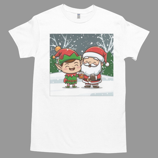 Merry Drunk Elf and Santa Clause In The Snow Lightweight Unisex Tshirt, Cotton Womenswear, High durability non-shrink fabric