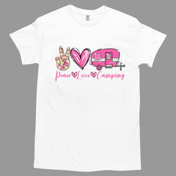 PEACE LOVE CAMPING Unisex Tshirt, Cotton Womenswear, High durability non-shrink fabric