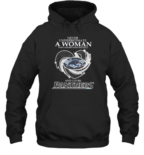 Never Underestimate A Woman Who Understands Football And Loves Carolina Panthers Diamond Heart Unisex Hoodie